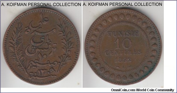 KM-222, AH1309(1892) Tunisia 10 centimes, Paris mint (A mint mark); bronze, plain edge; Ali Bey, decent fine.