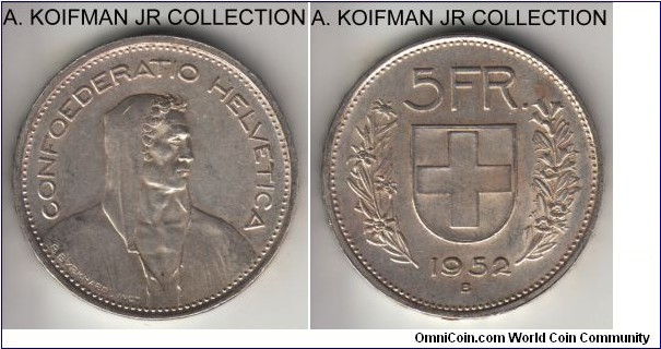 KM-40, 1952 Switzerland 5 francs, Berne mint (B mint mark); silver, lettered edge; smallest mintage of just 155,000, lightly toned extra fine.