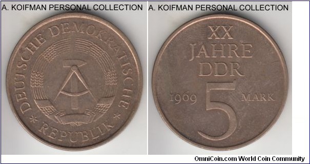 KM-22.1, 1969 Germany (East) 5 mark, no mint mark; nickel-bronze, lettered edge; 20'th anniversary of DDR circulation commemorative, about uncirculated.