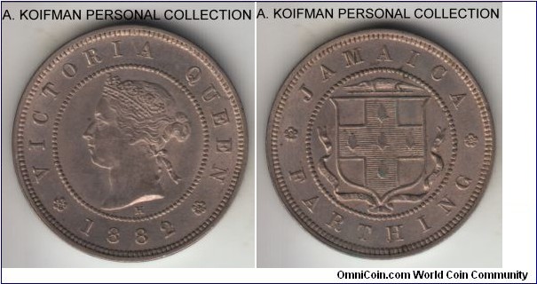 KM-15, Jamaica 1882 farthing; copper-nickel, plain edge; Victoria early Jamaican mintage, toned uncirculated, rather large mintage and can be found in high grades.