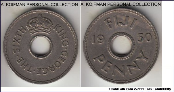 KM-17, 1950 Fiji penny; copper-nickel, plain edge; rather rare, mintage of only 58,000, decent looking about extra fine.