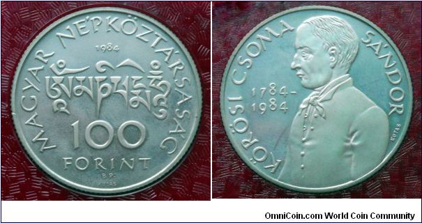 Hungary 100 forint.
1984, Sandor Korosi Csoma. Proof variety.
Mintage: 10.000 pieces.