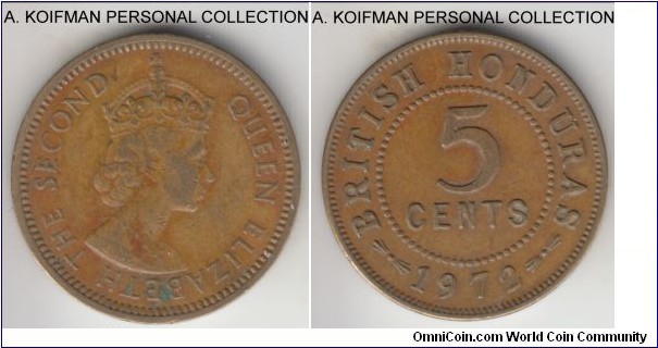 KM-31, 1972 British Honduras 5 cents; aluminum-bronze, plain edge; circulated, good very fine.
