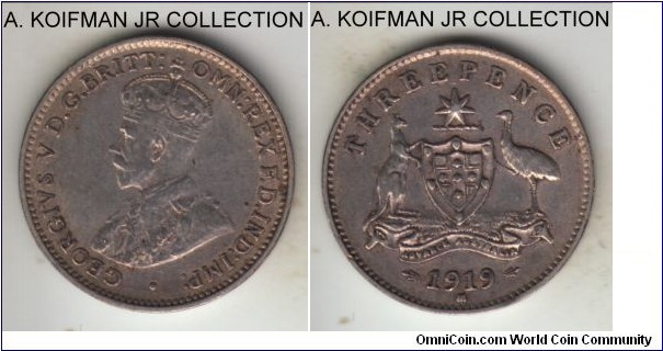 KM-24, 1919 Australia 3 pence, Melbourne mint (M mint mark); silver, plain edge; early George V, decent circulated, good fine to about very fine.