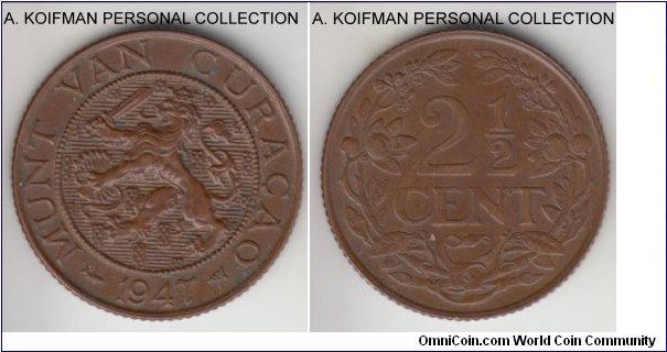 KM-42, 1947 Curacao 2 1/2 cents, Utrecht mint ; bronze, reeded edge; smaller mintage that year, darker brown about uncirculated or better.