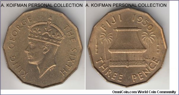 KM-18, 1950 Fiji 3 pence; nickel-brass, 12-sided, plain edge; moslty darker red nice uncirculated.