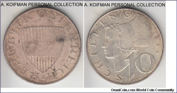 KM-2882, 1957 Austria 10 schilling; silver, reeded edge; first year of the type, toned and a bit dirty but uncirculated nevertheless.