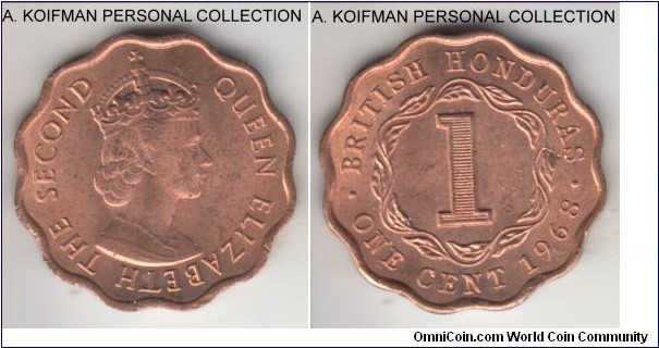 KM-30, 1968 British Honduras cent; bronze, scalloped flab, plain edge; red brown uncirculated, obverse is seeing just a hint of brown, reverse is full orange red.