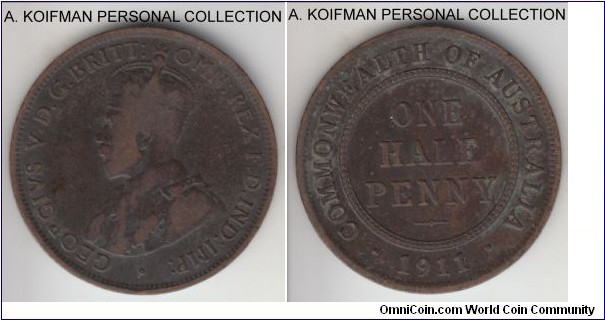 KM-22, 1911 Australia half penny, Royal Mint (London); bronze, plain edge; first year of Australia bronze mintage, very good or so.