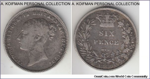 KM-751.1, 1869 Great Britain 6 pence; silver, reeded edge; young Victoria portrait, die #12, smallest mintage of the type at 388,000, very good to fine.