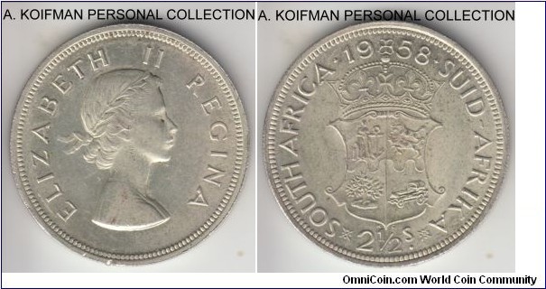 KM-51, 1958 South Africa (Dominion) 2 1/2 shillings (half crown); silver, reeded edge; late Elizabeth II mintage, extra fine or so.