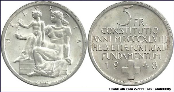 Switzerland 5 Francs 1948B - Swiss Constitution Centennial 1848-1948