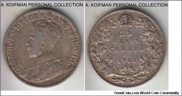 KM-24, 1912 Canada 25 cents, silver, reeded edge; George V first year of the type, fine or about, lightly toned.