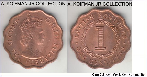 KM-30, 1969 British Honduras cent; bronze, scalloped flan, plain edge; Elizabeth II, mostly red uncirculated.