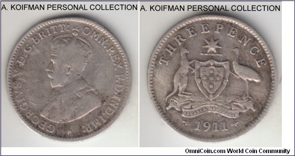 KM-24, 1911 Australia 3 pence, Royal mint (no mint mark); silver, plain edge; George V early mintage, first year of the type, fine details, cleaned.