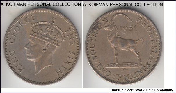 KM-23, 1951 Southern Rhodesia 2 shillings; copper-nickel, reeded edge; late George VI mintage, decent grade, about extra fine, a bit dirty on reverse.