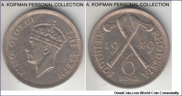 KM-21, 1949 Southern Rhodesia 6 pence; copper-nickel, reeded edge; George VI last mintage type, extra fine or so.