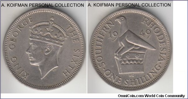 KM-22, 1949 Southern Rhodesia shilling; copper-nickel, reeded edge; George VI last type, good extra fine to about uncirculated, some lustre remaining with overall toning, small spot on obverse.