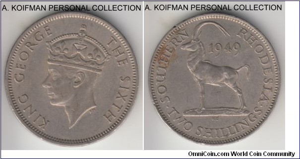 KM-23, 1949 Southern Rhodesia 2 shillings; copper-nickel, reeded edge; George VI last type, good very fine or better, this type is hard to get in truly high grades despite large mint numbers.