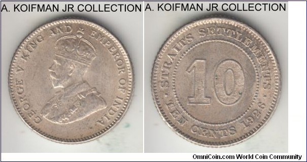 KM-29b, 1926 Straits Settlements 10 cents; silver, reeded edge; George V, last type, average uncirculated, lightly toned.