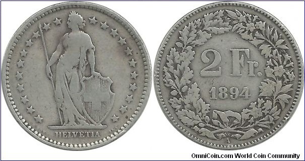 Switzerland 2 Francs 1894A (A=Paris mint)