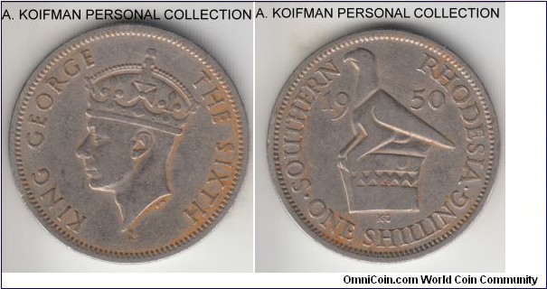 KM-22, 1950 Southern Rhodesia shilling; copper-nickel, reeded edge; late George VI, average circulated between fine and very fine.