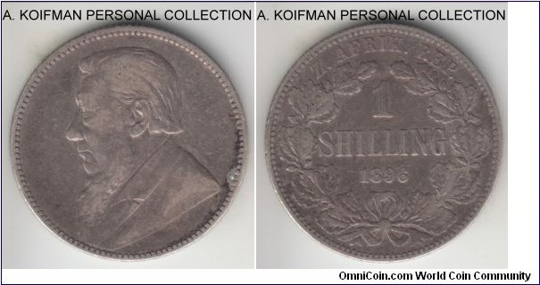 KM-5, 1896 Zuid-Afrikkansche Republiek (ZAR) South Africa shilling; silver, reeded edge; later Boer Republic coinage, decent very fine, toned.