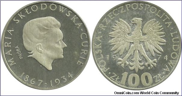 Poland 100 Złotych 1974-Maria Skłodowska-Curie (PRÓBA)