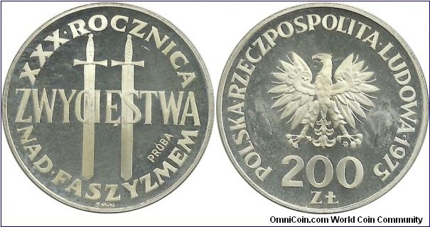 Poland 200 Złotych 1975-30th Ann, Victory over Fascism (PRÓBA)1