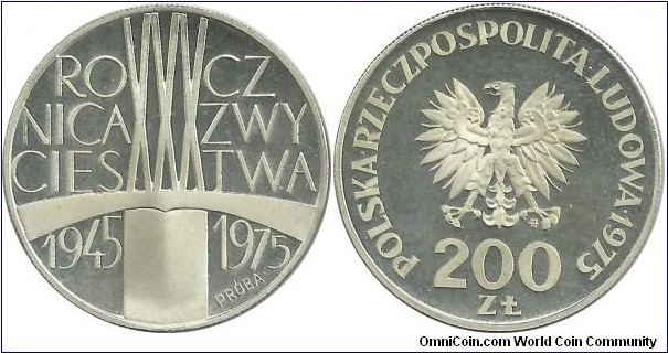Poland 200 Złotych 1975-30th Ann, Victory over Fascism (PRÓBA)2