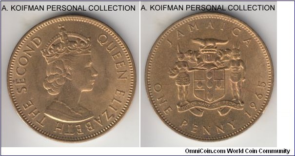 KM-39, 1965 Jamaica penny; nickel-brass, plain edge; last Elizabeth II type before the independence, average red uncirculated.