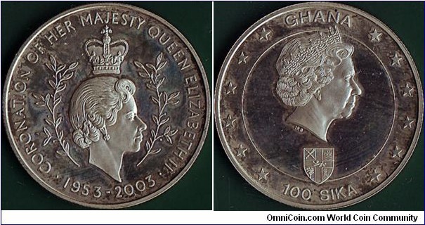 Ghana 2003 100 Sika.

50 Years since Queen Elizabeth II's Coronation.
