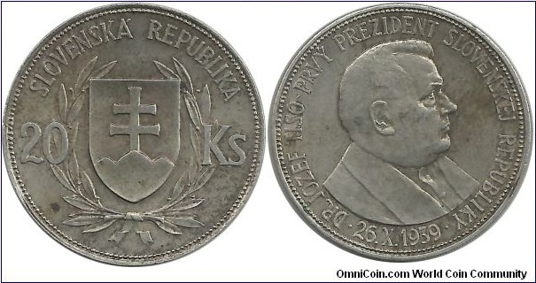 Slovakia 20 Slovakian Koruna 1939 -Rare coin- (15.00g/.500 Ag)