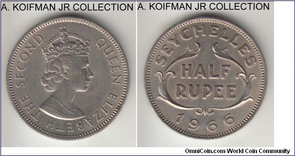 KM-12, 1966 Seychelles 1/2 rupee; copper-nickel, reeded edge; Elizabeth II, smallest mintage of the type 15,000, borderline uncirculated, toned.