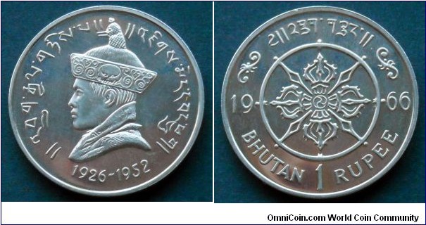 Bhutan 1 rupee.
1966, 40th Anniversary  - Accession of Jigme Wangchuk. Mintage: 6.000 pieces.