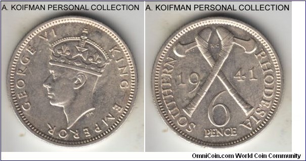 KM-17, 1941 Southern Rhodesia 6 pence; silver, reeded edge; George VI war time issue, with smaller mintage of 300,000, lustrous good extra fine to about uncirculated.