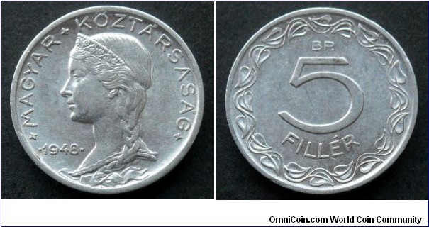 Hungary 5 filler.
1948. Coin from short period of Hungarian Republic (1946-1949)