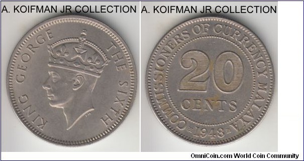 KM-9, 1948 Malaya a20 cents; copper-nickel, reeded edge; late George VI issue of the modern day Malaysia, good extra fine, a bit toned and dirty on reverse.