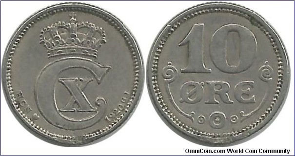 Denmark 10 Øre 1920-Christian X