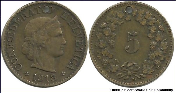 Switzerland 5 Rappen 1918B (with a hole) 