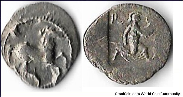 nice example of a Perrhaebi tribe (Thessaly) Obol struck circa 480 -400 BC.
Obverse:horse galloping to right. Reverse: Athena running to right with spear and shield. `Pi' character top left and `alpha' bottom right on the reverse.