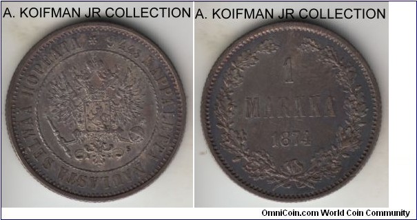 KM-3.2, 1874 Finland (Grand Duchy) markkaa; silver, reeded edge; Alexander II, nice old darker toning on this coin, few surface marks, otherwise solid good extra fine to about uncirculated.