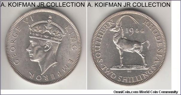 KM-19a, 1944 Southern Rhodesia 2 shillings; silver, reeded edge; George VI, a more common of the 2-year last silver type, almost uncirculated.