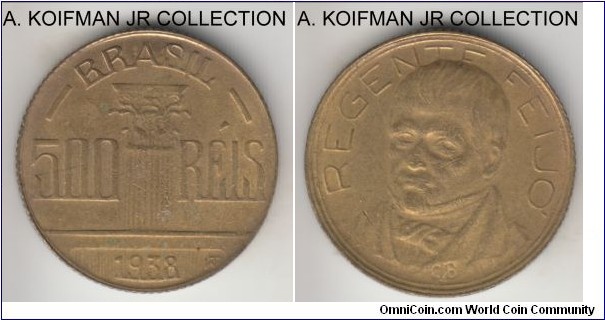 KM-540, 1938 Brazil 500 reis; aluminum-bronze, reeded edge; circulation commemorative of Diego Antonio Feijo, weakly struck extra fine or so.