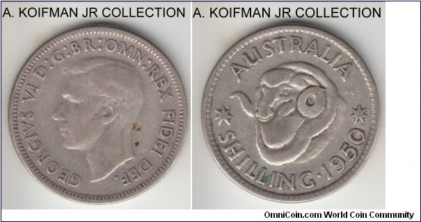 KM-46, 1950 Australia shilling, Melbourne (no mint mark); silver, reeded edge; George VI post WWII 2 year type, average circulated.