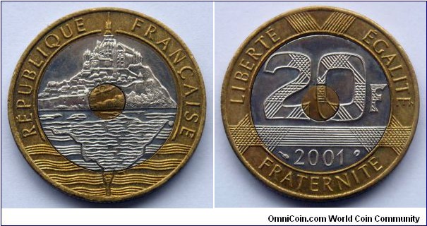France 20 francs.
2001, Last year of the trimetalic 20 francs. Horseshoe mark. Mintage: 125.000 pieces.