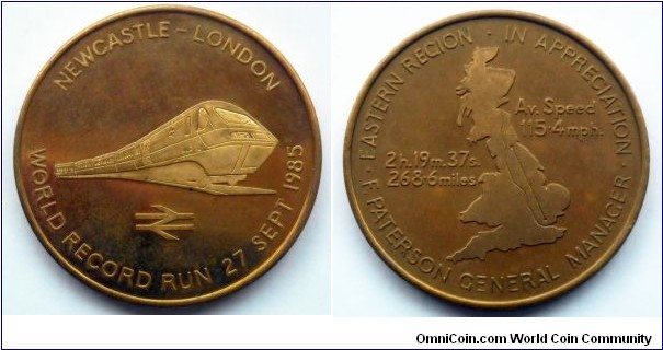 Bronze medallion. World Record Run Newcastle - London. 
27 Sept. 1985 High Speed Train reached a record Speed of 143 mph near Essendine, Leicestershire.