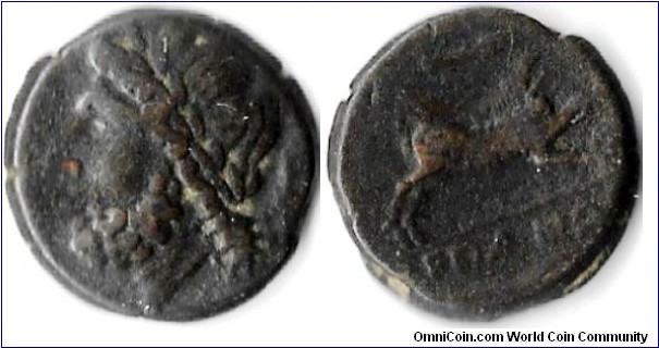An Ae21 (struck 325-275 bc)from the town of Arpi, in Apulia, Italy. Obverse: bust of Zeus. Reverse: Boar running to right with spear above