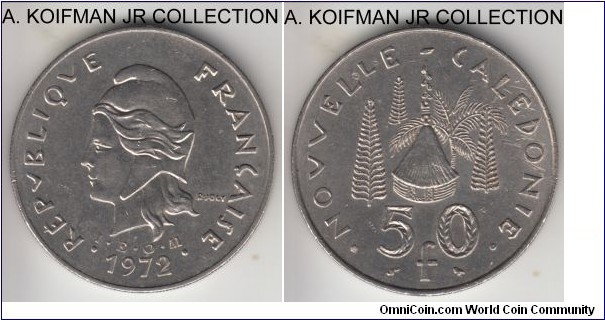 KM-13, 1972 New Caleedonia 50 francs, Paris mint; nicekl, reeded edge; French overseas territory in the Pacific, first year of the type, average uncirculated or so.