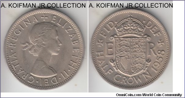 KM-907, 1958 Great Britain half crown; copper-nickel, reeded edge; Elizabeth II, scarcer than later years in truly high grades, this one is choice uncirculated.
